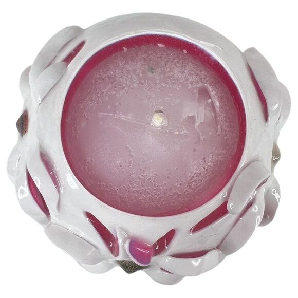 Handcrafted White & Pink Ribbon Candle Sculpted Floral Design Round 3.5” Tall - Picture 6 of 7